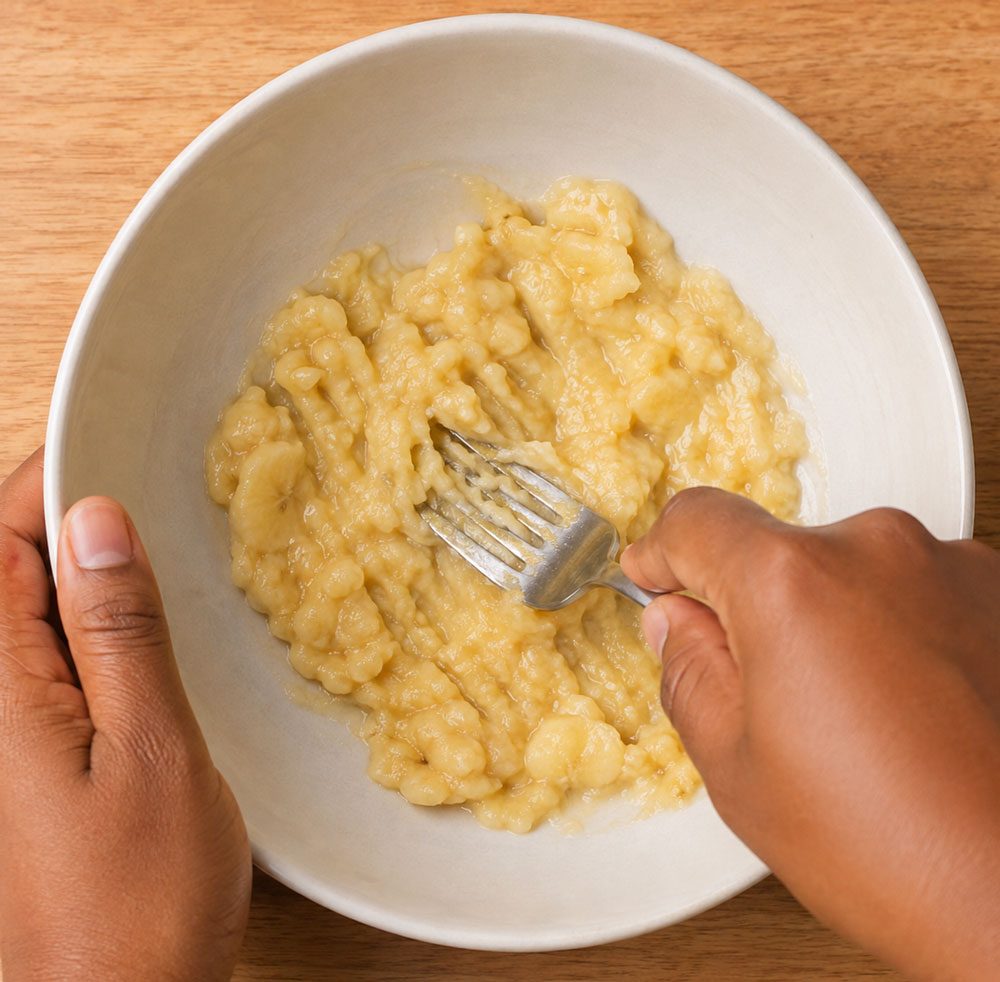Hands mashing banana with fork in bowl