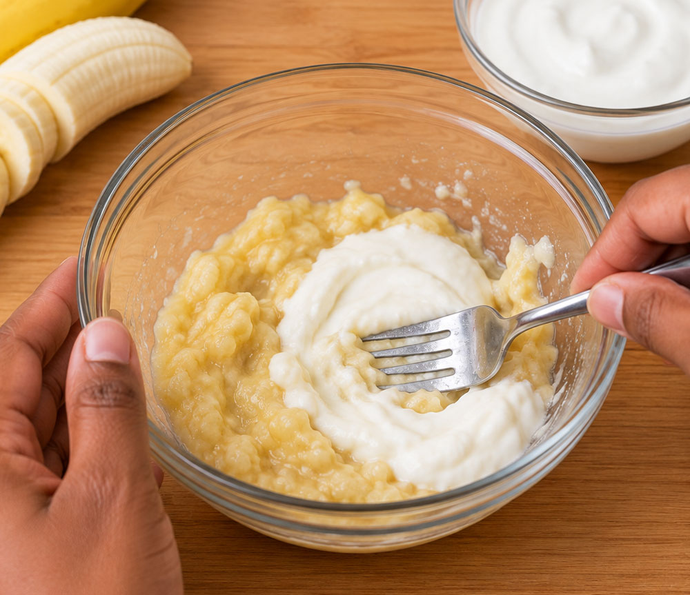 Hands mixing yogurt into mashed banana in a bowl