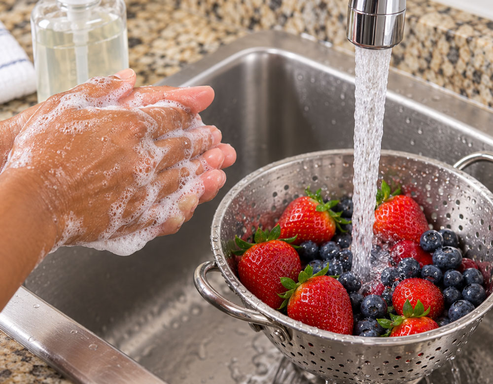 Soapy hands beside berries rinsing in a colander