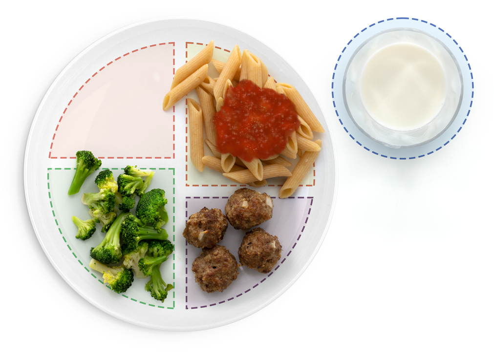 Meatballs, pasta with spaghetti sauce, and broccoli