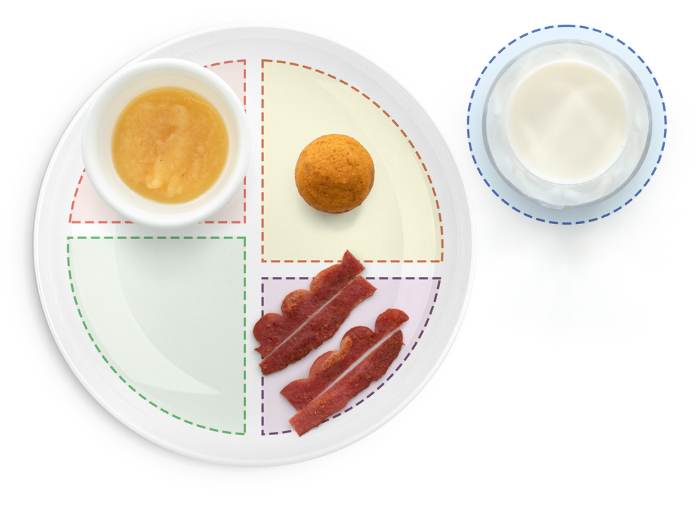Section showing image of Tocino de pavo, minipanecillo de calabaza y puré de manzana