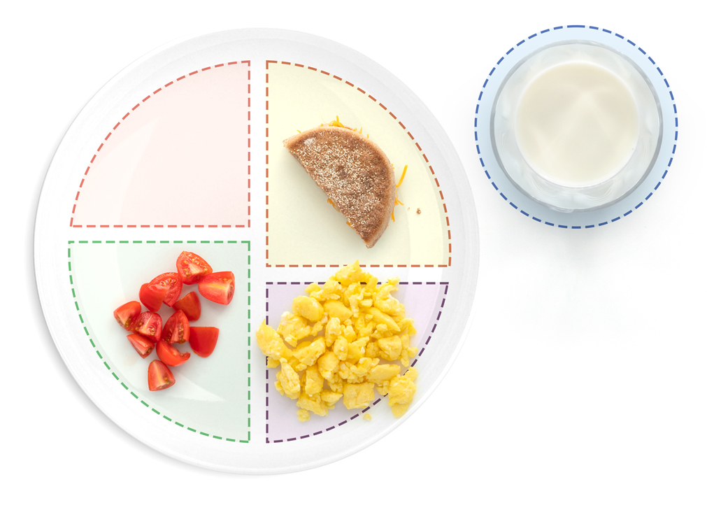 Section showing image of Whole wheat English muffin with cheese, scrambled egg, and tomatoes