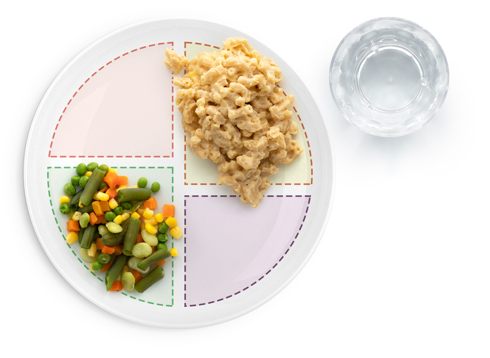 Section showing image of Mac ‘N’ Cheese and mixed vegetables