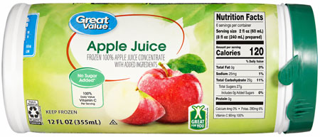 Apple juice concentrate can, green lid, nutritional label visible.