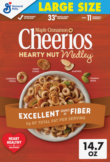 Cheerios box displaying Hearty Nut Medley flavor.