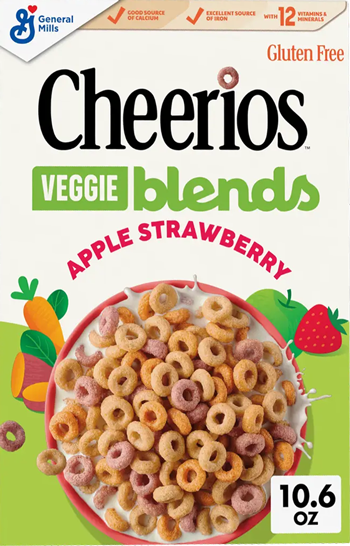 Cheerios Veggie Blends cereal box, apple strawberry flavor.