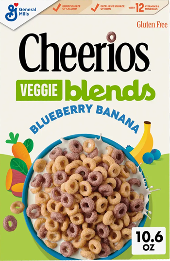 Cheerios Veggie Blends cereal box with blueberry banana flavor.