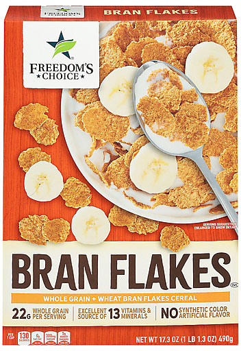 Cereal box with bran flakes and banana slices.