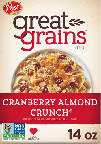 Great Grains Cranberry Almond cereal box front view.