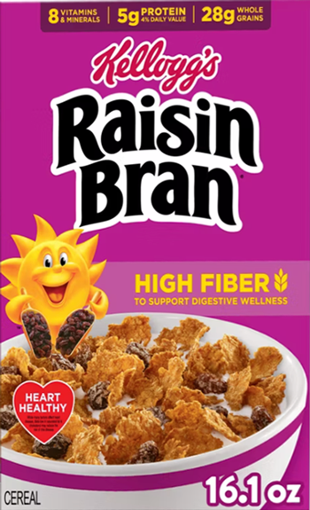 Kellogg's Raisin Bran cereal box, promoting high fiber content.