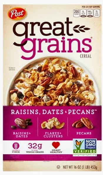 Cereal box featuring raisins, dates, and pecans.