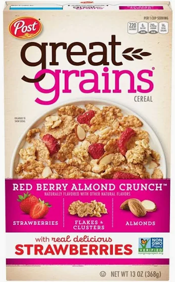 Great Grains cereal box, Red Berry Almond Crunch.