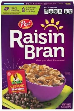 Raisin Bran cereal box with bowl of cereal.