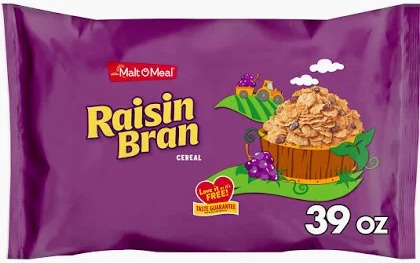 Raisin Bran cereal in purple 39 oz bag.