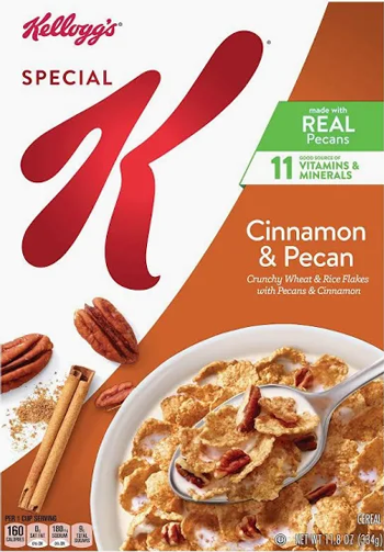 Cereal box featuring cinnamon and pecan ingredients.