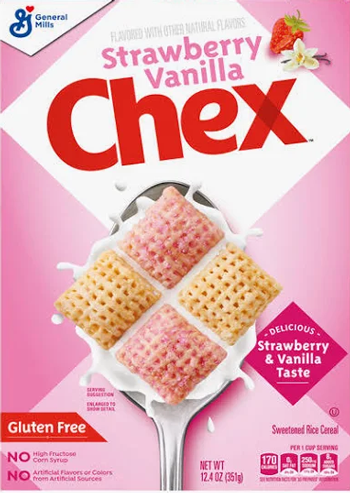 Cereal box with strawberry vanilla Chex on spoon.