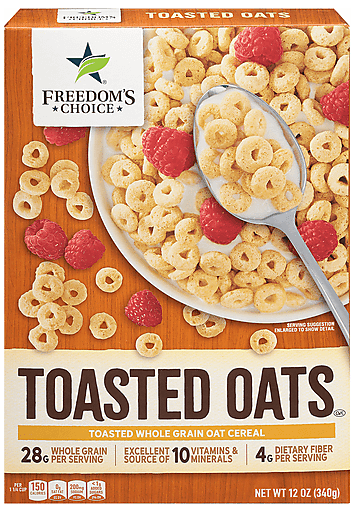 Cereal box with spoon and raspberries on front.