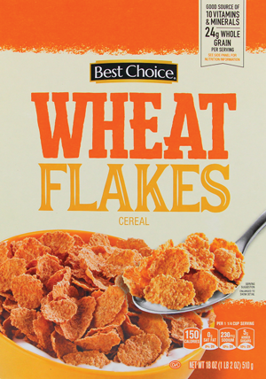Cereal box of Best Choice Wheat Flakes.