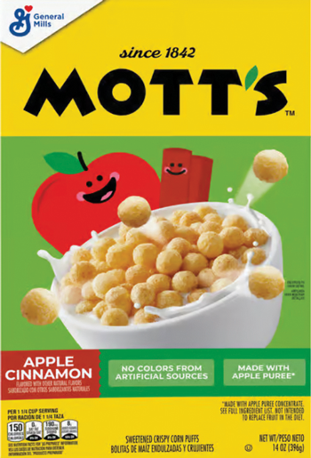 Mott's cereal with apple, cinnamon flavor in bowl.