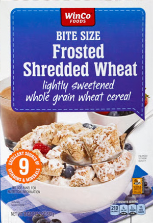 Cereal box featuring frosted shredded wheat bowl.