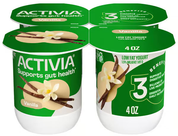 Four-pack vanilla Activia yogurt supporting