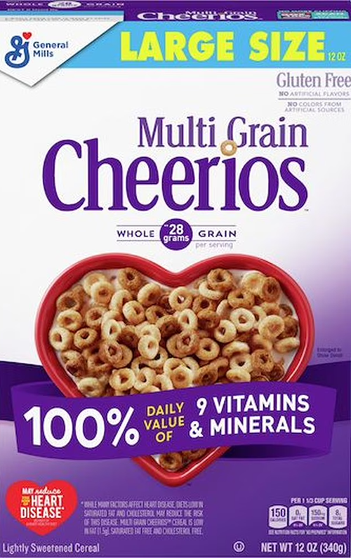 Cheerios cereal box with heart-shaped bowl, large size.