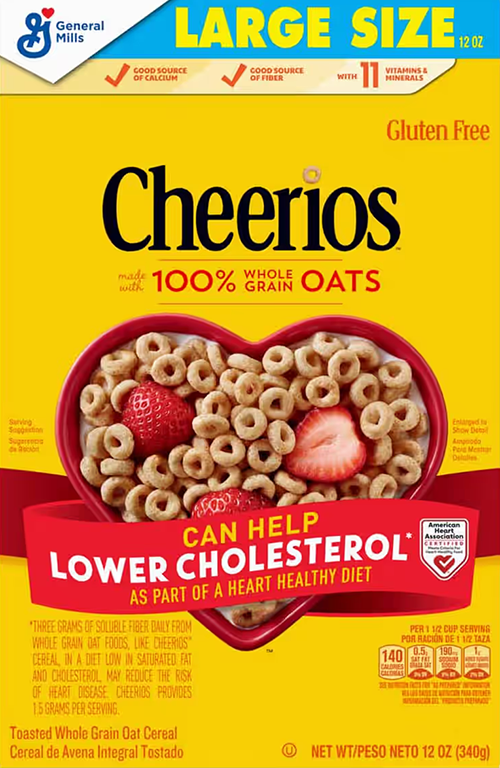 Cheerios box highlighting heart health benefits and strawberries.