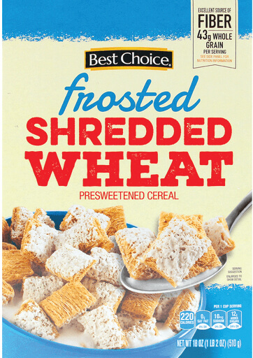 Cereal box of frosted shredded wheat with spoon.