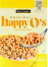 Cereal box with spoonful of toasted oat rings.