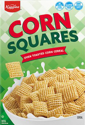 Box of Kiggins Corn Squares cereal with milk splash.