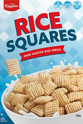 Rice squares cereal in a white bowl.