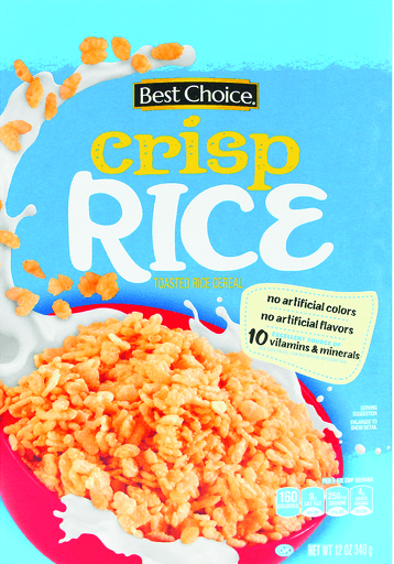 Cereal box with milk splash and crispy rice.
