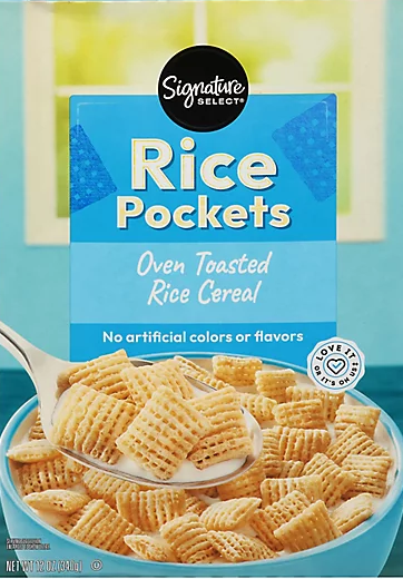 Cereal box displaying Rice Pockets in blue packaging.