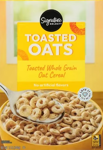 Cereal box, toasted oats, spoonful served, yellow packaging.