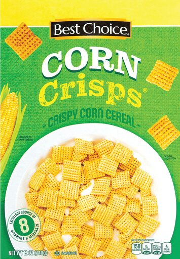 Crispy corn cereal in bowl on colorful box.