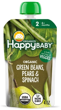 Baby food pouch, green beans, pears, spinach, organic.