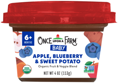 Baby food container with apple, blueberry, sweet potato blend.