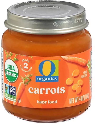 Organic carrot baby food jar against white background.