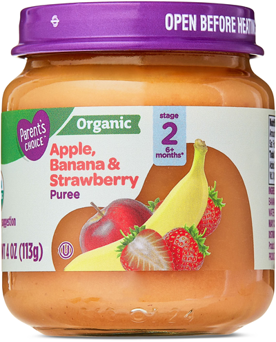 Organic fruit puree jar with purple lid.