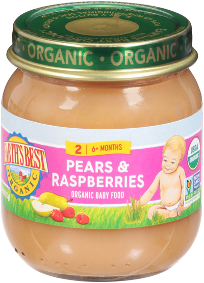 Organic baby food jar, pears and raspberries flavor.