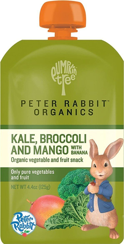 Peter Rabbit snack pouch with kale, broccoli, mango.
