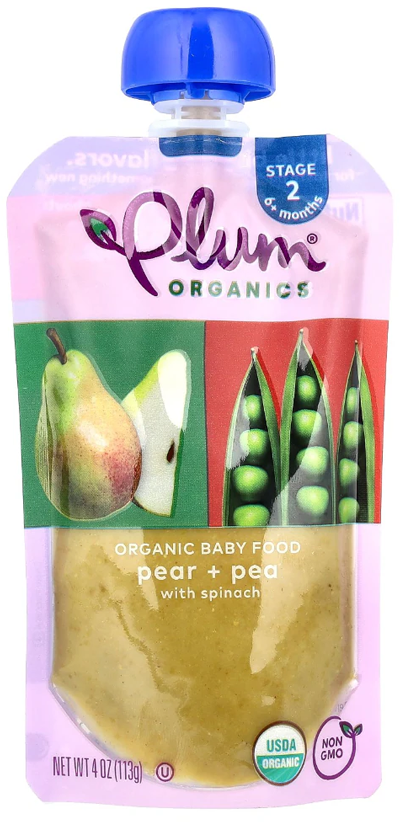 Plum Organics baby food pouch, pear and pea flavor.