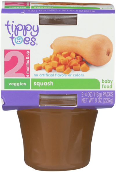 Tippy Toes squash baby food packaging, stage 2.