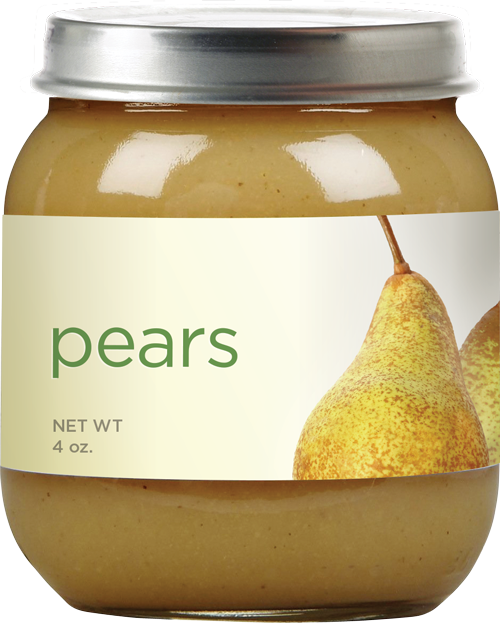 Jar of pear puree with label and metal lid.