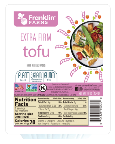 Tofu package with nutritional information displayed prominently.