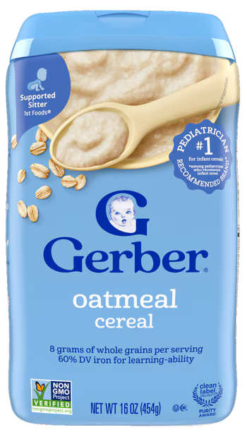 Gerber oatmeal cereal in blue packaging with spoon.