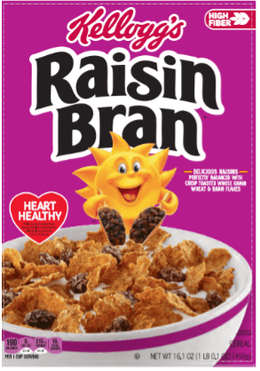 Kelloggs Raisin Bran cereal box with sun