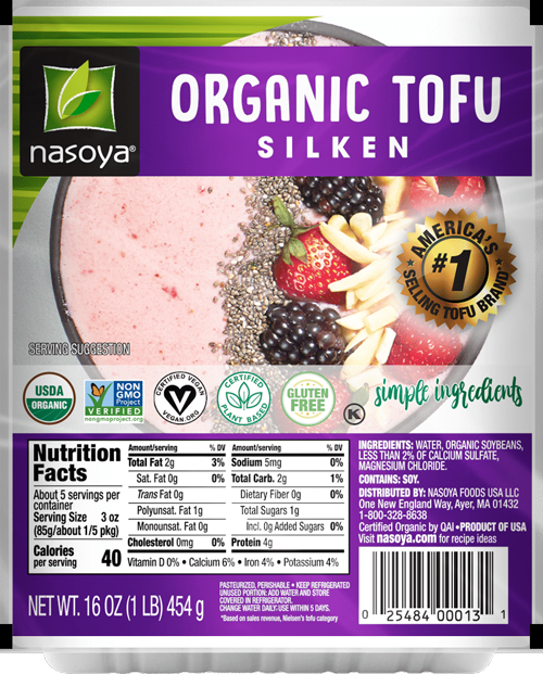 Nasoya silken tofu packaging with nutrition facts and ingredients.