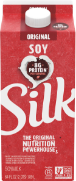 Red Silk soy milk carton with bold white logo.