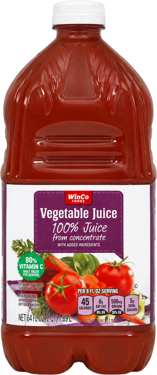 WinCo vegetable juice bottle displaying label